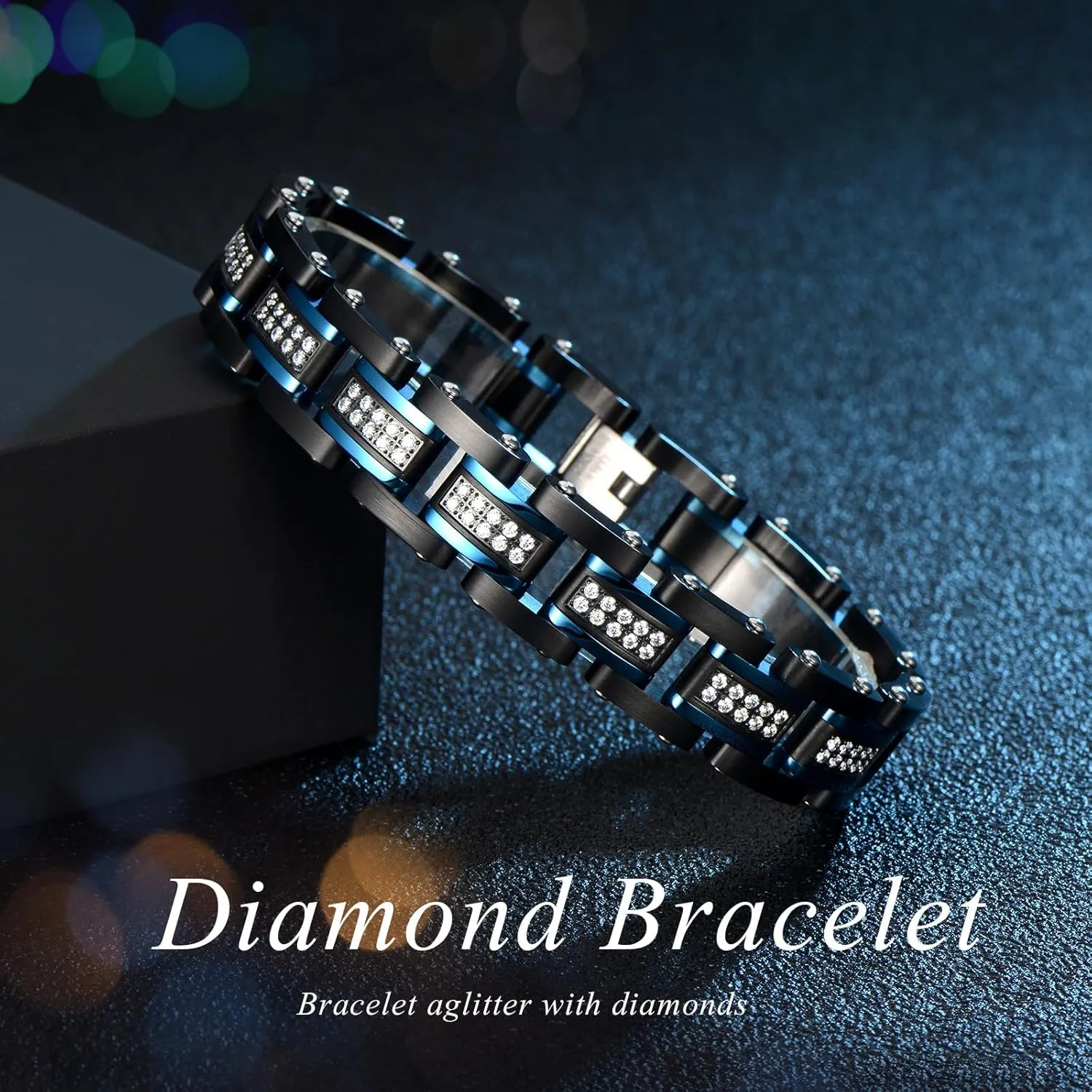 Holizaly Men's Stainless Steel Two Tone Square Link Bracelet, Black and Blue Ion Plated Black