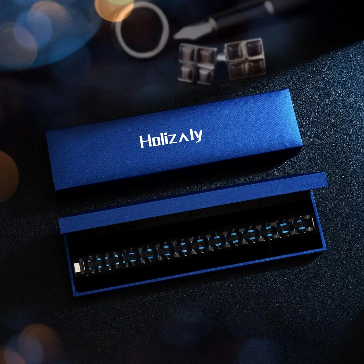 Holizaly Men's Stainless Steel Two Tone Square Link Bracelet, Black and Blue Ion Plated Black