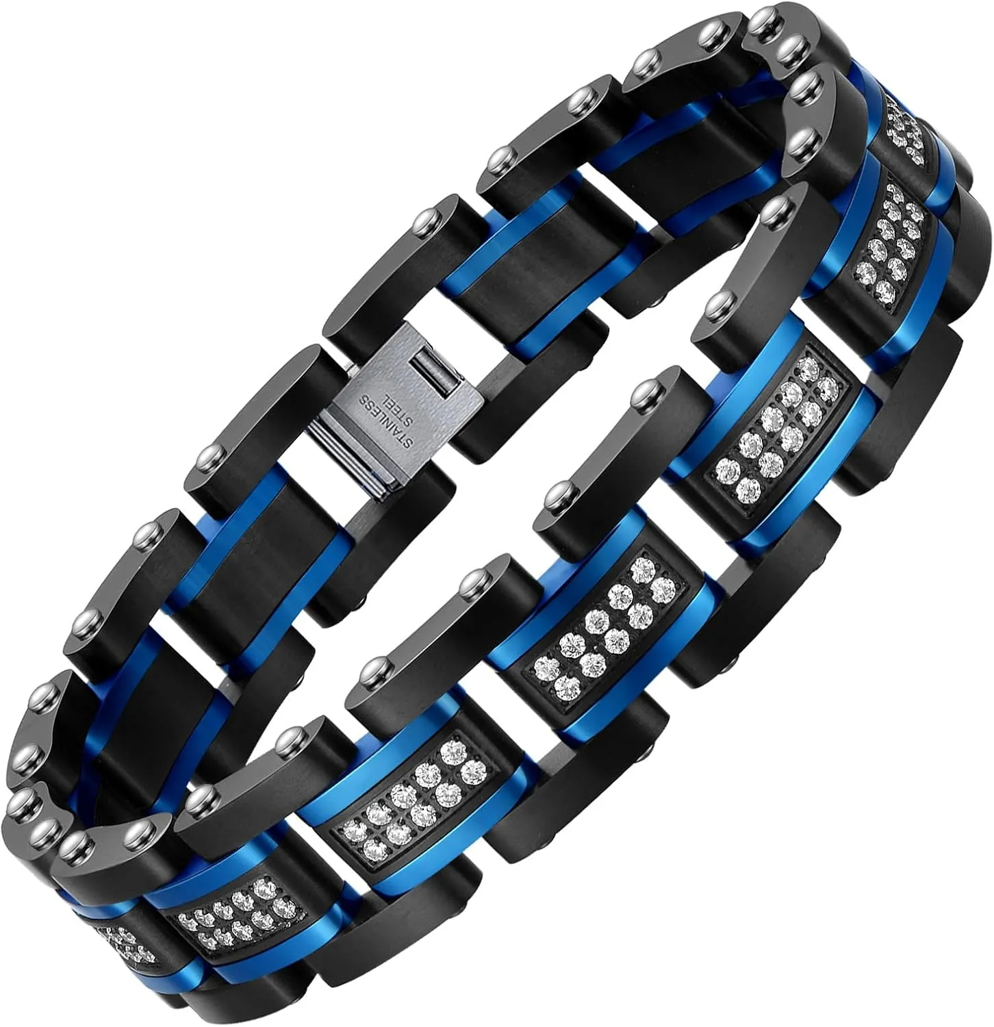 Holizaly Men's Stainless Steel Two Tone Square Link Bracelet, Black and Blue Ion Plated Black