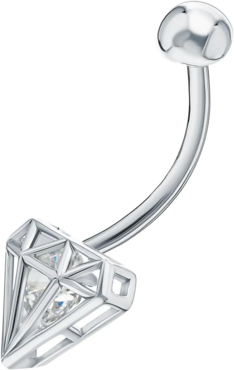 Hollow Diamond (0.25 ct) Shaped Belly, 14G Gold Navel Piercing Ring, Belly Button Ring Jewelry, Barbell Button Ring, Geometric Belly,Gift For Her.