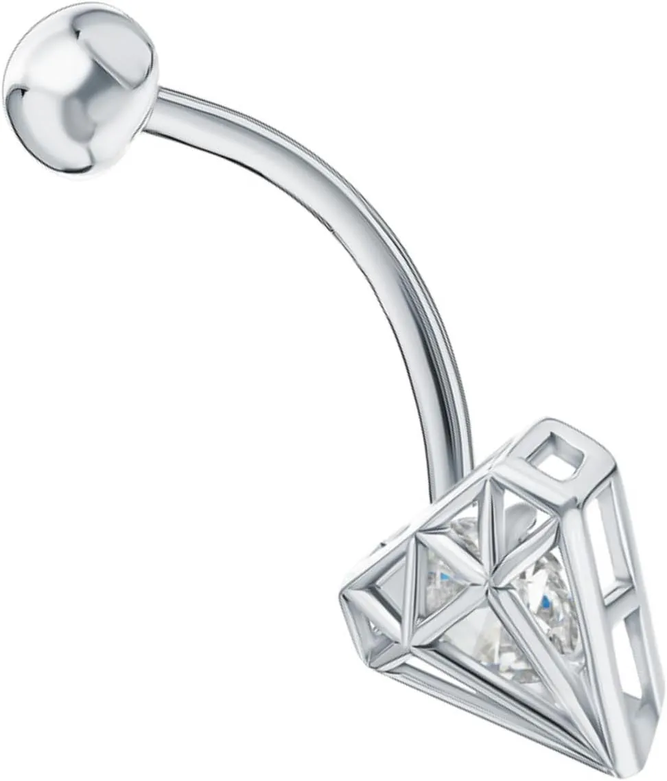 Hollow Diamond (0.25 ct) Shaped Belly, 14G Gold Navel Piercing Ring, Belly Button Ring Jewelry, Barbell Button Ring, Geometric Belly,Gift For Her.