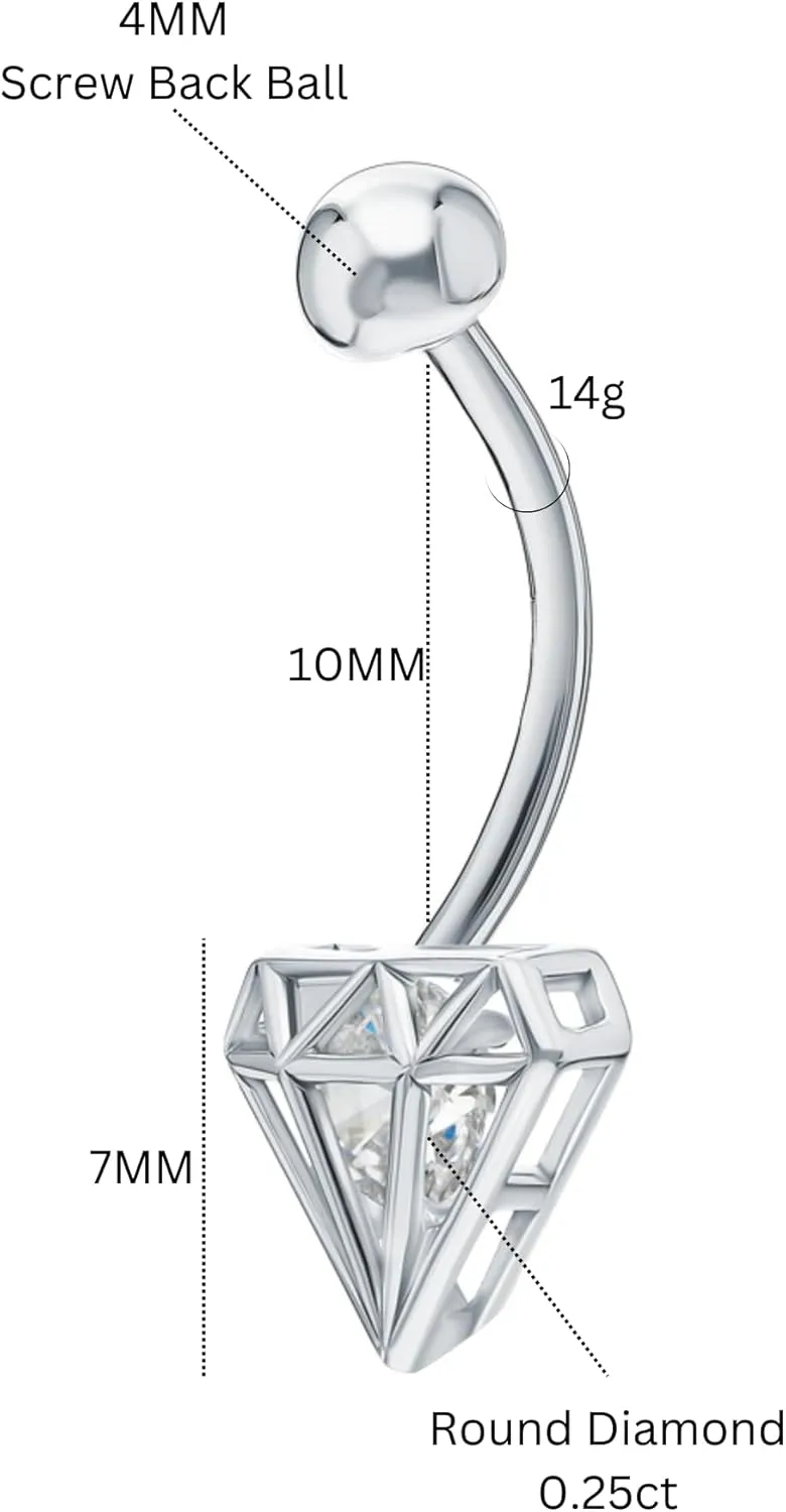 Hollow Diamond (0.25 ct) Shaped Belly, 14G Gold Navel Piercing Ring, Belly Button Ring Jewelry, Barbell Button Ring, Geometric Belly,Gift For Her.