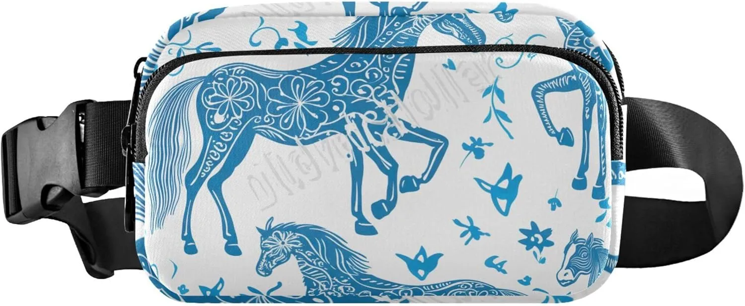 Horses Floral Blue White Women Fanny Packs Everywhere Belt Bag Waterproof Designer Waist Pouches for Men