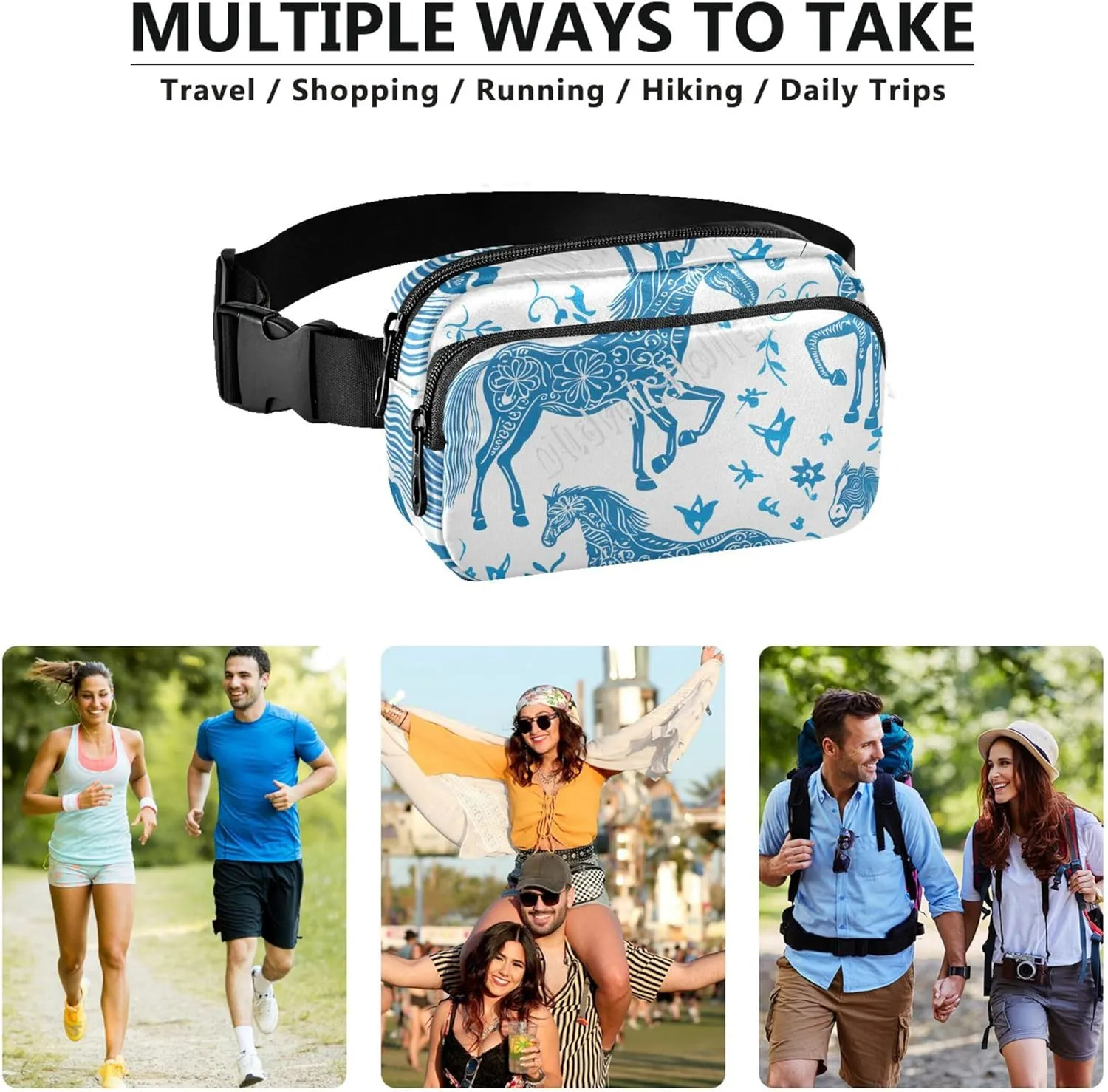 Horses Floral Blue White Women Fanny Packs Everywhere Belt Bag Waterproof Designer Waist Pouches for Men