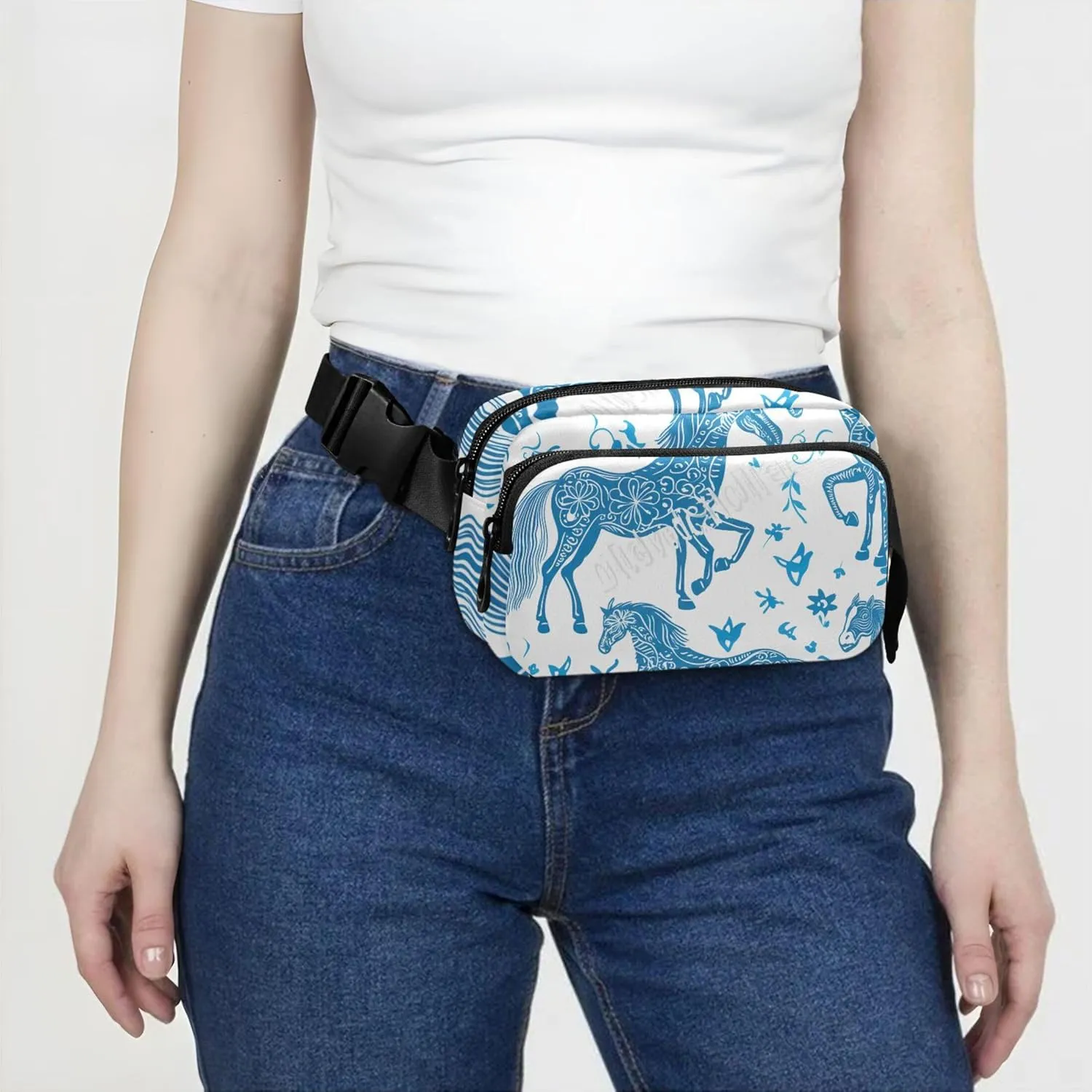 Horses Floral Blue White Women Fanny Packs Everywhere Belt Bag Waterproof Designer Waist Pouches for Men
