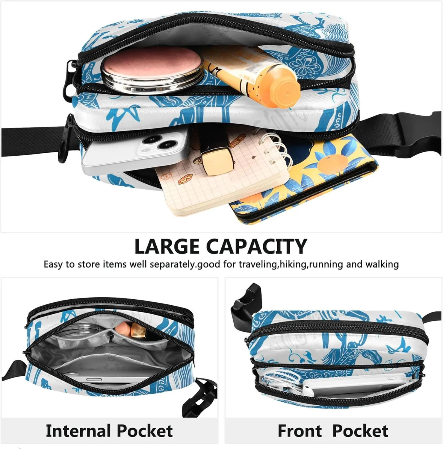 Horses Floral Blue White Women Fanny Packs Everywhere Belt Bag Waterproof Designer Waist Pouches for Men