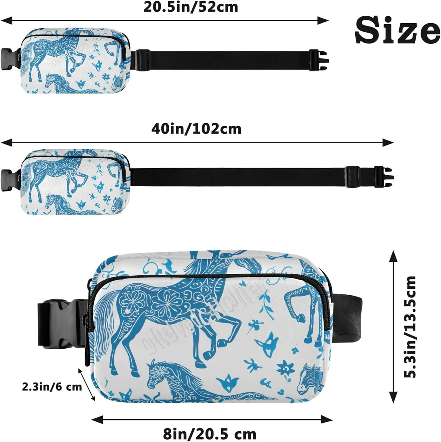 Horses Floral Blue White Women Fanny Packs Everywhere Belt Bag Waterproof Designer Waist Pouches for Men