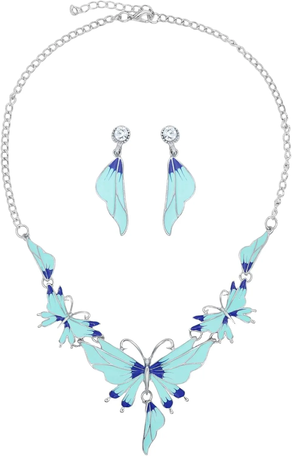 HSQYJ Silver Jewelry Set for Women Blue Enamel Crystal Butterfly Pendant Necklace Dangle Drop Earrings Dangling Sets Rhinestone Elegant Jewelry Set Birthday Mothers Day Gifts for Women