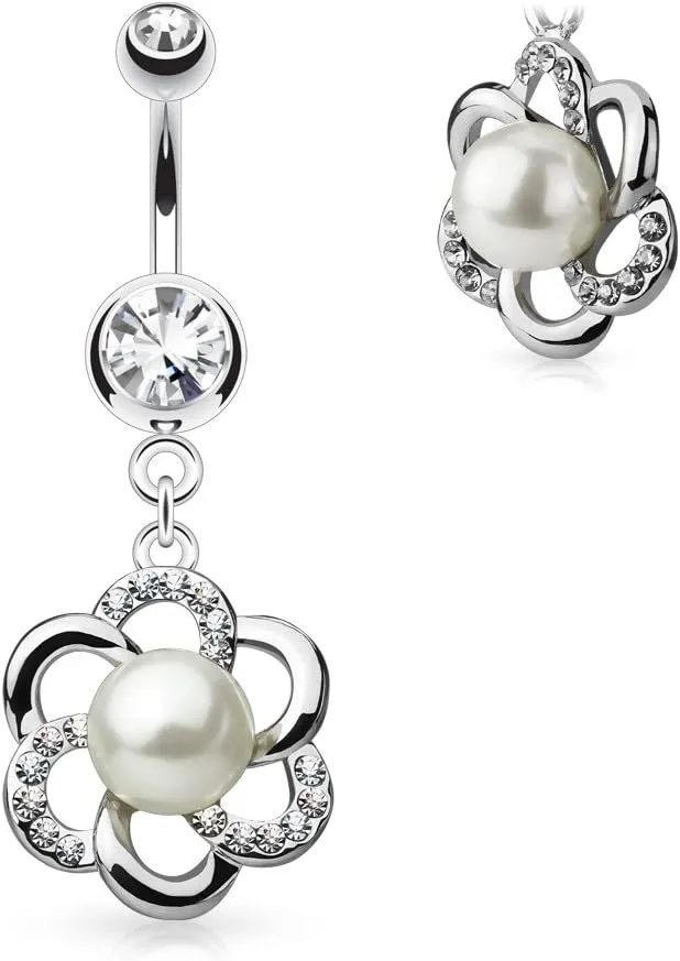 Imitation Pearl Centered Crystal Set Flower Dangle 316L Surgical Steel Jeweled B WildKlass Navel Rings