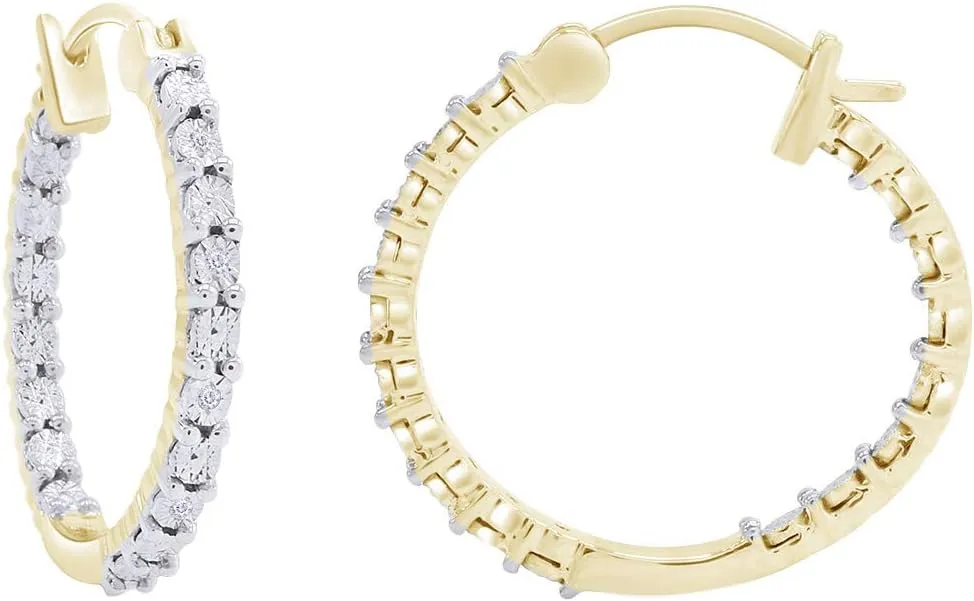 Inside Outside Miracle Plate Natural Diamond Accent Hoop Huggies Earrings in 14k Gold Plated 925 Sterling Silver For Women (0.03 Cttw, I-J Color, I2-I3 Clarity)