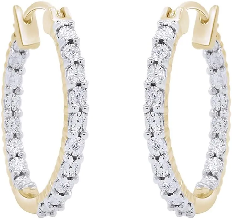 Inside Outside Miracle Plate Natural Diamond Accent Hoop Huggies Earrings in 14k Gold Plated 925 Sterling Silver For Women (0.03 Cttw, I-J Color, I2-I3 Clarity)