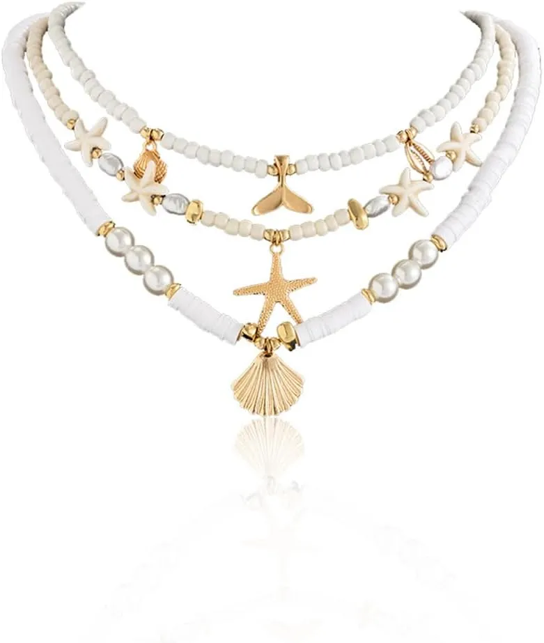 Irregular Shell Choker Necklace Boho Starfish Pendent Necklace Summer Beach Layer Chain Statement Necklace for Women Jewelry
