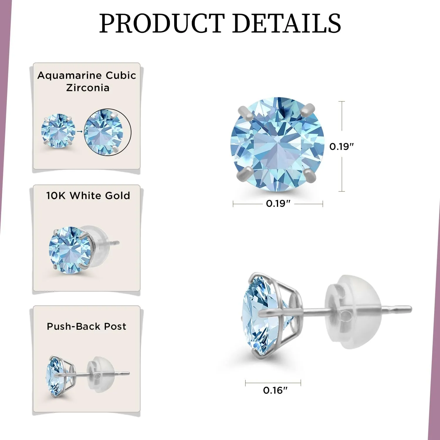 Jewelili 10K Yellow or White Gold 5 MM (1 Cttw), 6 MM (1.5 Cttw), 6.5 MM (2.0 Cttw) or 7 MM (2.5 Cttw) Round Cut White Cubic Zirconia Solitaire Stud Earrings