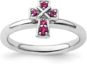 JewelryWeb 2.25mm 925 Sterling Silver Stackable Rhodium Created Ruby Religious Faith Cross Ring-Stackable-Ring for Women