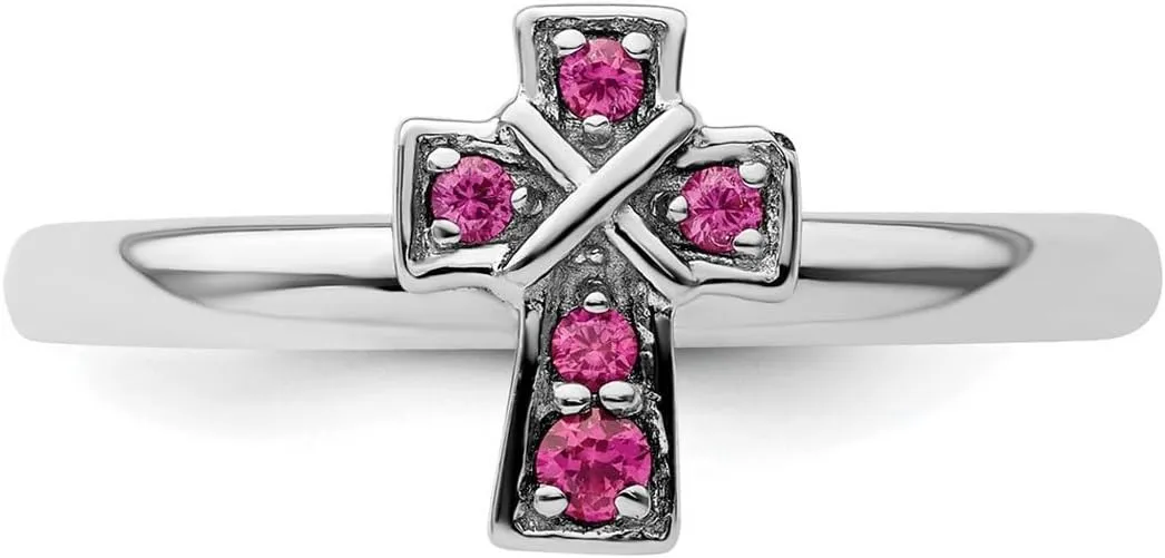 JewelryWeb 2.25mm 925 Sterling Silver Stackable Rhodium Created Ruby Religious Faith Cross Ring-Stackable-Ring for Women