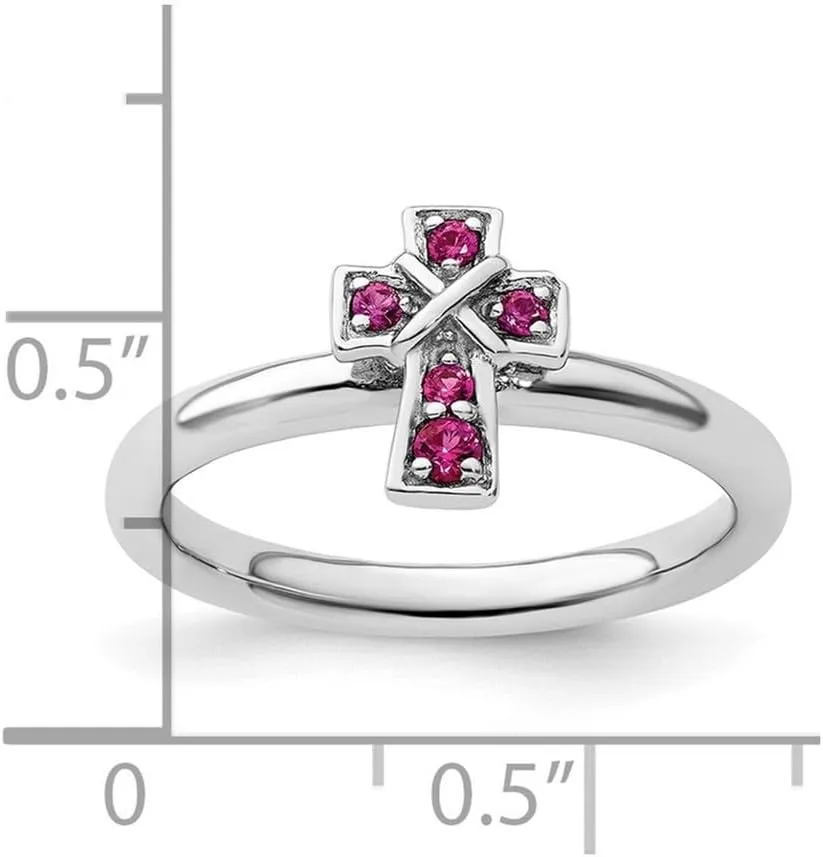 JewelryWeb 2.25mm 925 Sterling Silver Stackable Rhodium Created Ruby Religious Faith Cross Ring-Stackable-Ring for Women