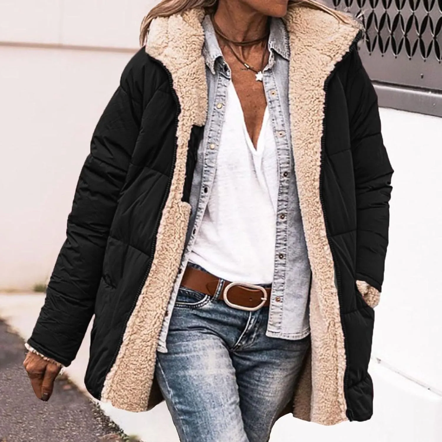 JOAU Womens Long Down Reversible Hooded Jackets Winter Warm Cotton Padded Puffer Quilted Zip Coats Pockets Fleece Outerwear