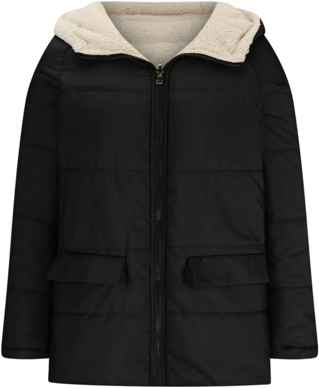 JOAU Womens Long Down Reversible Hooded Jackets Winter Warm Cotton Padded Puffer Quilted Zip Coats Pockets Fleece Outerwear