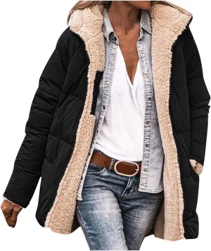JOAU Womens Long Down Reversible Hooded Jackets Winter Warm Cotton Padded Puffer Quilted Zip Coats Pockets Fleece Outerwear