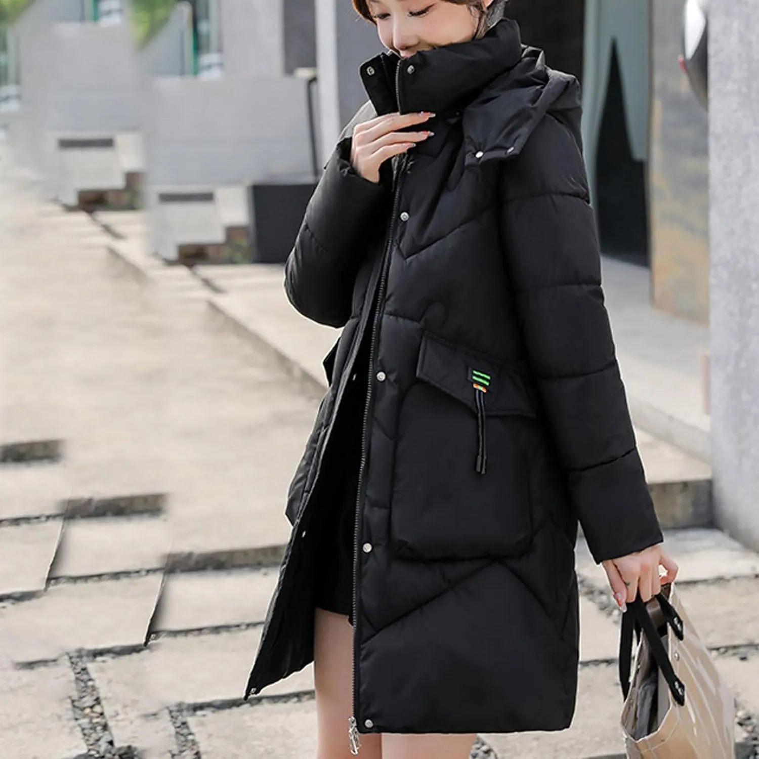 JOAU Women's Winter Down Coat Warm Stand Collar Long Cotton Padded Puffer Coat Thicken Snow Outwear with Detachable Hood
