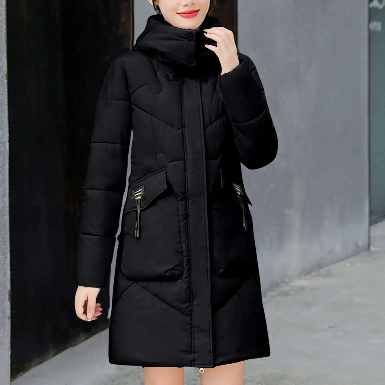 JOAU Women's Winter Down Coat Warm Stand Collar Long Cotton Padded Puffer Coat Thicken Snow Outwear with Detachable Hood