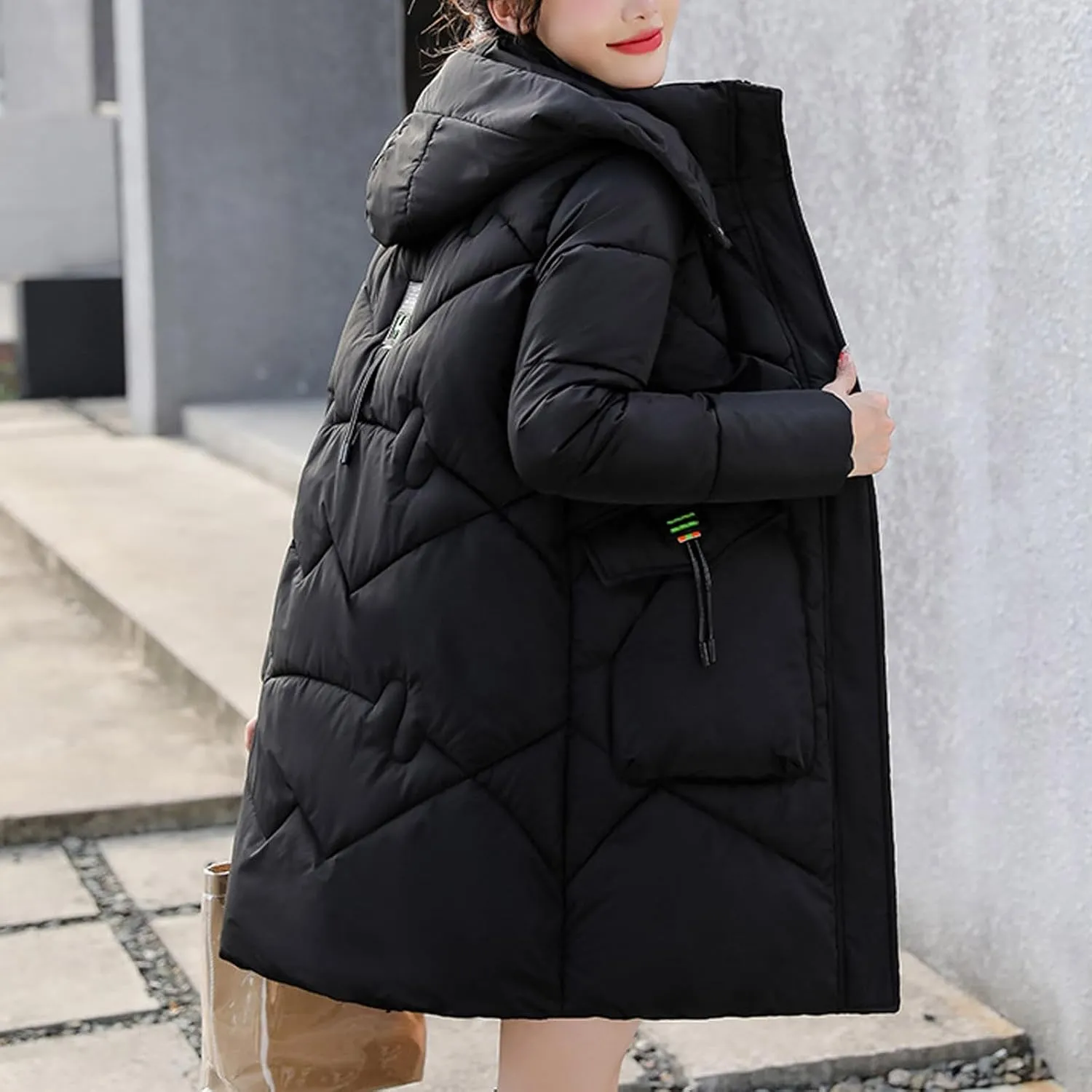 JOAU Women's Winter Down Coat Warm Stand Collar Long Cotton Padded Puffer Coat Thicken Snow Outwear with Detachable Hood