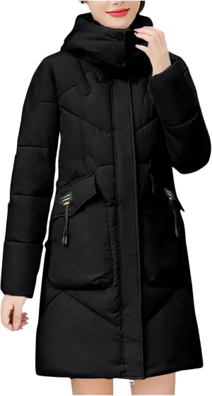 JOAU Women's Winter Down Coat Warm Stand Collar Long Cotton Padded Puffer Coat Thicken Snow Outwear with Detachable Hood