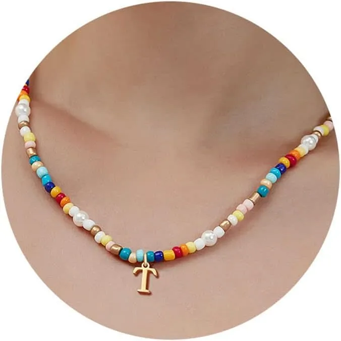 JSJOY Colorful Beaded Initial Necklace for Women, Y2K Rainbow Beaded Choker with Gold A-Z Letter Pendant Summer Jewelry Gift Handmade Boho Beaded Initial Necklace for Teens Trendy