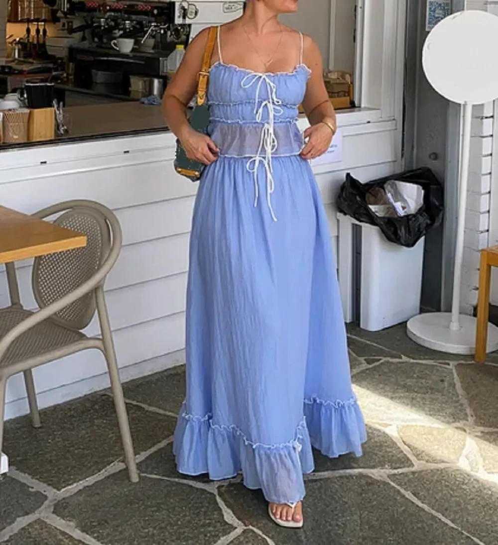 Juakoso Women Y2K 2 Piece Long Skirt Sets Low Cut Sleeveless Tops Flowy Ruffle Maxi Skirt Going Out Outfits Beachwear