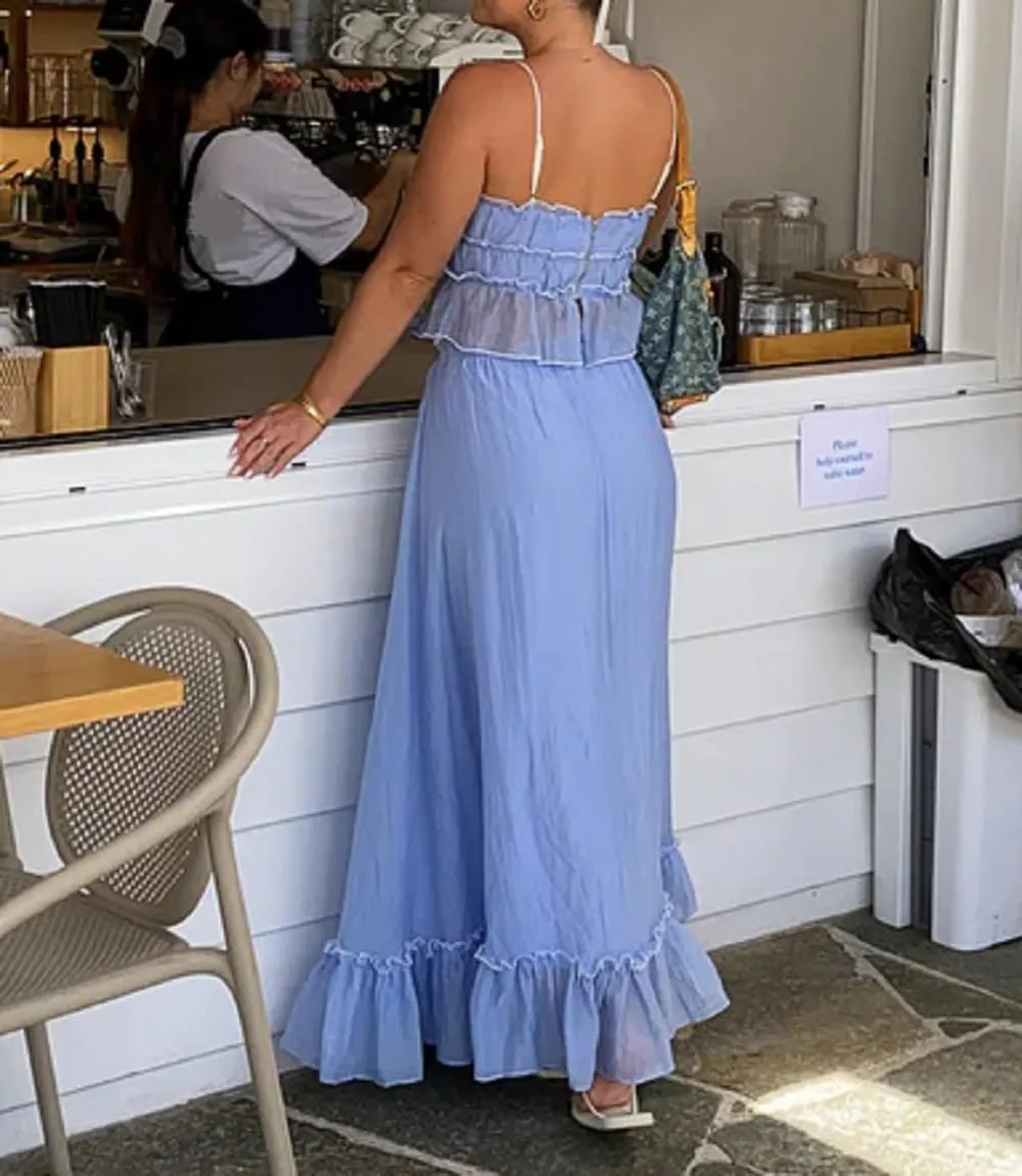 Juakoso Women Y2K 2 Piece Long Skirt Sets Low Cut Sleeveless Tops Flowy Ruffle Maxi Skirt Going Out Outfits Beachwear