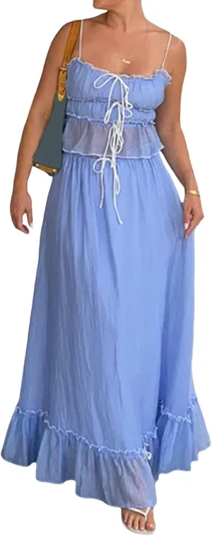 Juakoso Women Y2K 2 Piece Long Skirt Sets Low Cut Sleeveless Tops Flowy Ruffle Maxi Skirt Going Out Outfits Beachwear