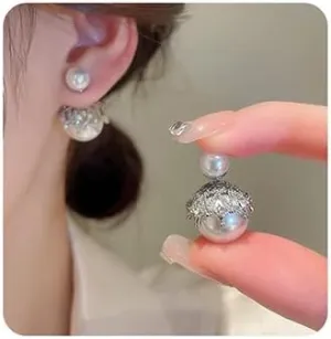 Jumwrit Big Pearl Stud Earrings Sparkle Rhinestone Earrings Round Simulated Pearl Drop Earrings Hypoallergenic Earrings for Women (Style 2)