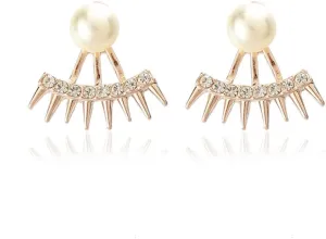 Jumwrit Spike Ear Jacket Earrings Pearl Stud Earrings Front Back Dangle Earrings Rhinestone Jacket Cuff Earrings for Women Minimalist Earrings(Rose Gold)
