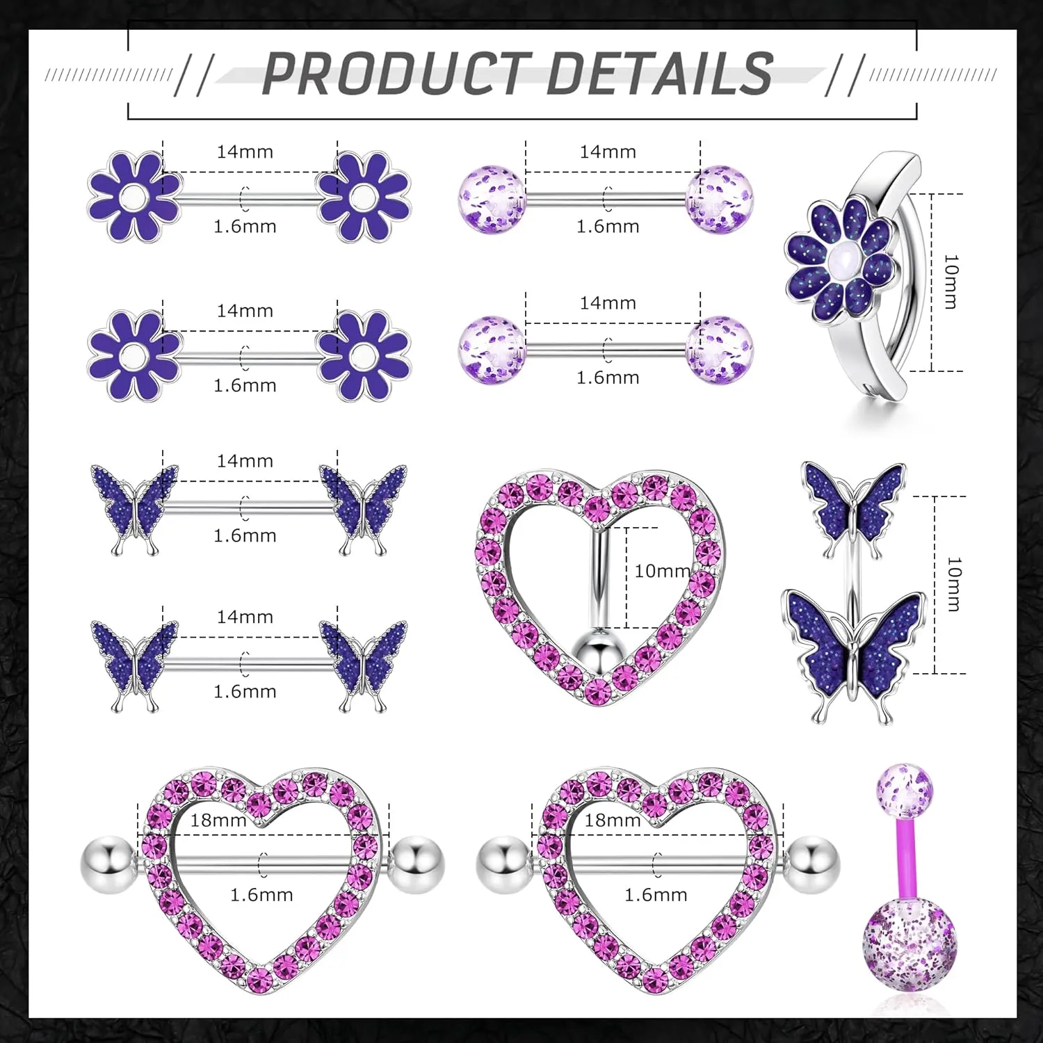 Kakonia 12 Pcs 14G Nipple Piercing Jewelry - Surgical Steel Nipple Rings Belly Rings for Women,Dainty Butterfly Belly Button Ring Heart Nipple Piercing Jewelry Set Cute Flower CZ Nipple Ring Barbells Body Piercing Jewelry