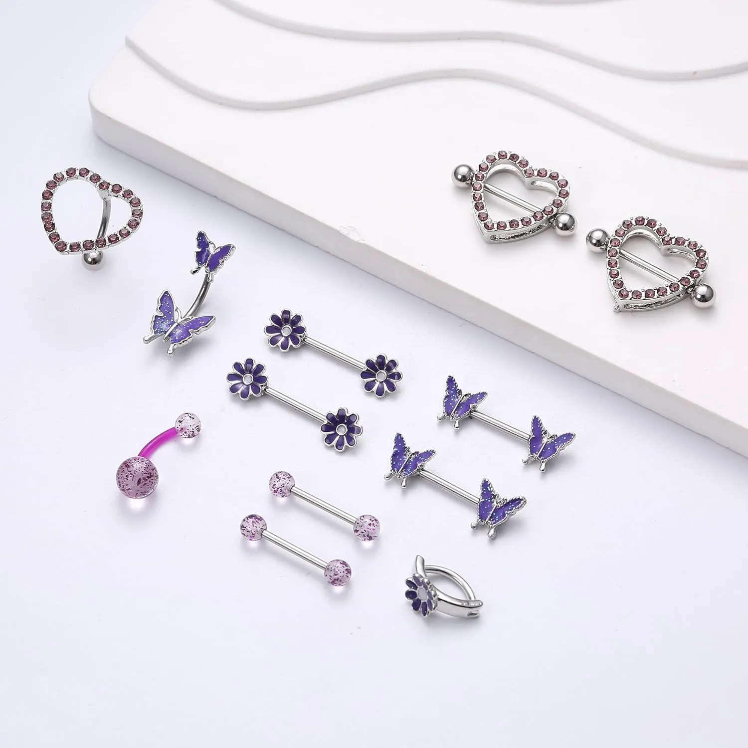 Kakonia 12 Pcs 14G Nipple Piercing Jewelry - Surgical Steel Nipple Rings Belly Rings for Women,Dainty Butterfly Belly Button Ring Heart Nipple Piercing Jewelry Set Cute Flower CZ Nipple Ring Barbells Body Piercing Jewelry