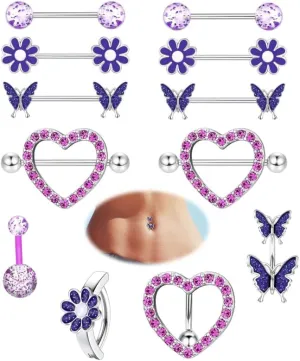 Kakonia 12 Pcs 14G Nipple Piercing Jewelry - Surgical Steel Nipple Rings Belly Rings for Women,Dainty Butterfly Belly Button Ring Heart Nipple Piercing Jewelry Set Cute Flower CZ Nipple Ring Barbells Body Piercing Jewelry