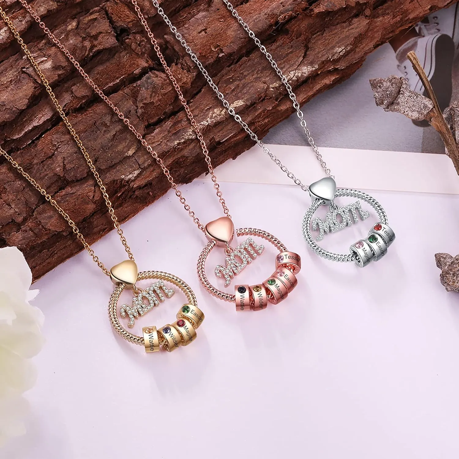 kaululu Mom Gifts Personalized Mom Necklace with Birthstone Custom Circle Pendant Necklaces with Beads for Women Rose Gold Necklace for Mother Wife Grandma Mother's Day Gift