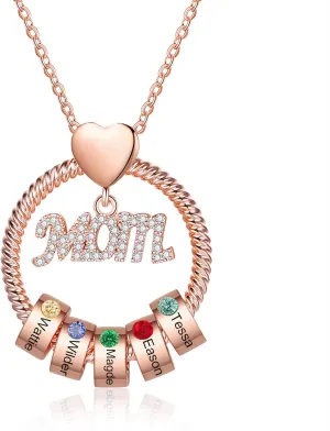 kaululu Mom Gifts Personalized Mom Necklace with Birthstone Custom Circle Pendant Necklaces with Beads for Women Rose Gold Necklace for Mother Wife Grandma Mother's Day Gift