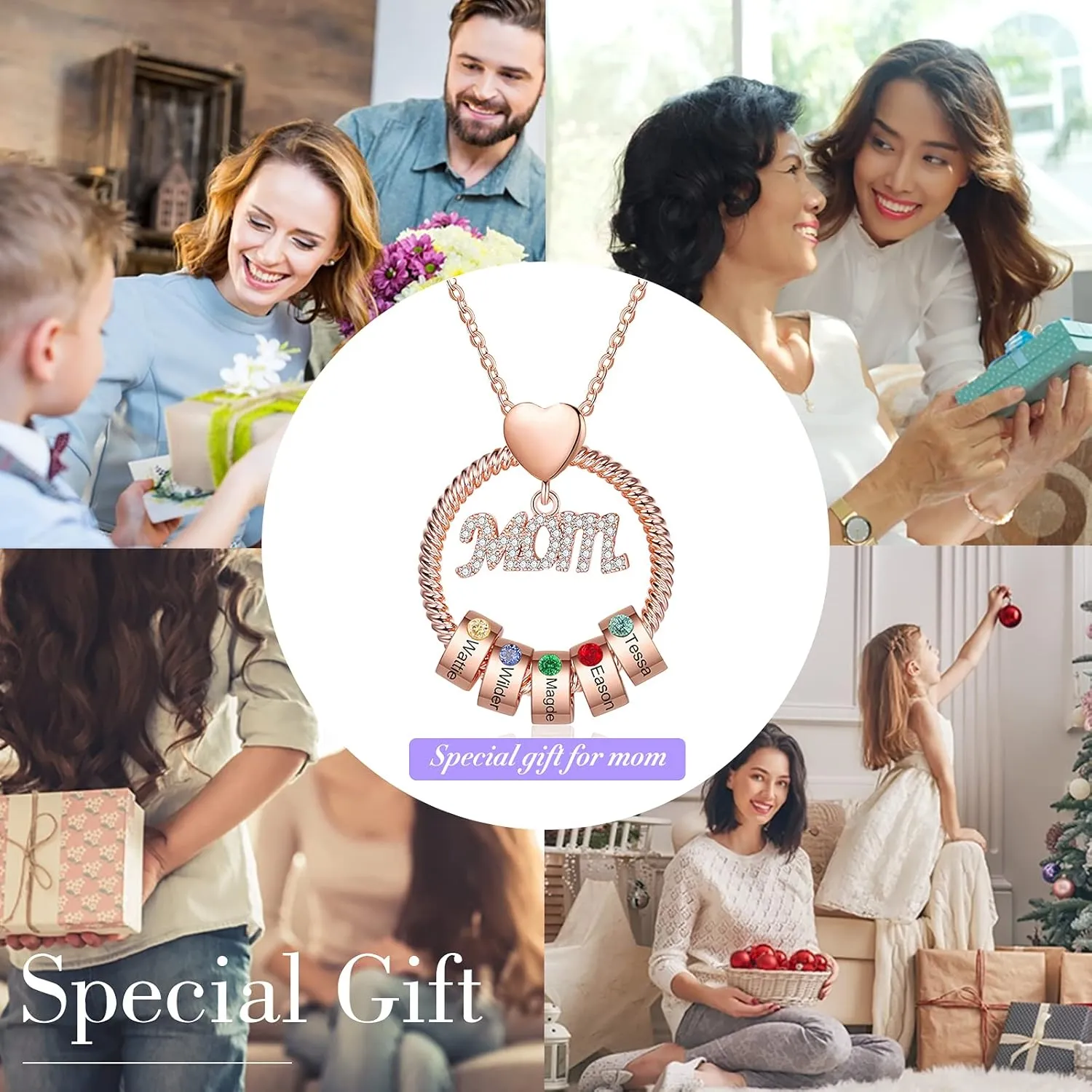 kaululu Mom Gifts Personalized Mom Necklace with Birthstone Custom Circle Pendant Necklaces with Beads for Women Rose Gold Necklace for Mother Wife Grandma Mother's Day Gift