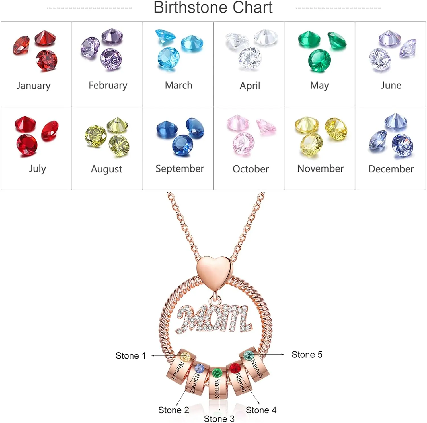 kaululu Mom Gifts Personalized Mom Necklace with Birthstone Custom Circle Pendant Necklaces with Beads for Women Rose Gold Necklace for Mother Wife Grandma Mother's Day Gift