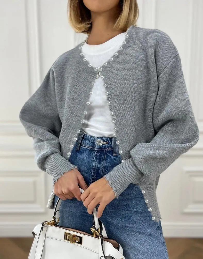 Kedera Women's Open Front Pearls Trim Cardigan Sweater Casual Knitted Long Sleeve Valentine's Day Outerwear Coat