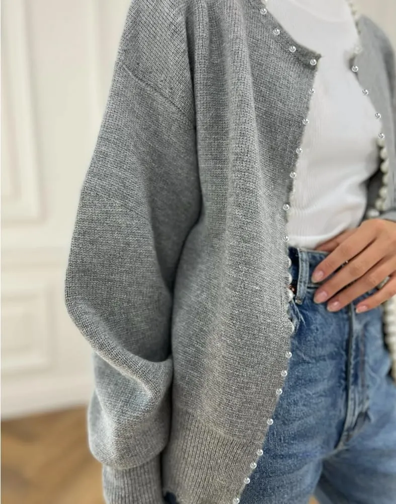 Kedera Women's Open Front Pearls Trim Cardigan Sweater Casual Knitted Long Sleeve Valentine's Day Outerwear Coat