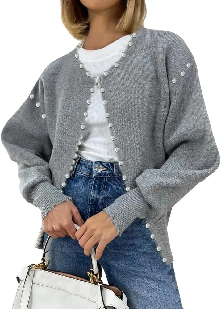 Kedera Women's Open Front Pearls Trim Cardigan Sweater Casual Knitted Long Sleeve Valentine's Day Outerwear Coat