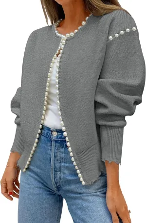 Kedera Women's Open Front Pearls Trim Cardigan Sweater Casual Knitted Long Sleeve Valentine's Day Outerwear Coat