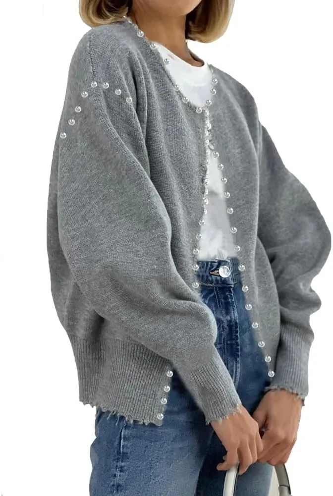 Kedera Women's Open Front Pearls Trim Cardigan Sweater Casual Knitted Long Sleeve Valentine's Day Outerwear Coat