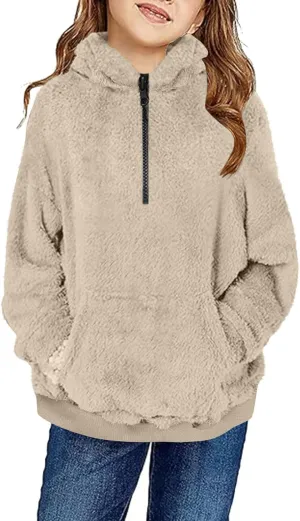 Kids Girls Fleece Hoodies Quarter Zip Pullover Sweatshirt Fuzzy Sherpa Hoodie Toddler Boys Warm Clothes Fluffy Sweater
