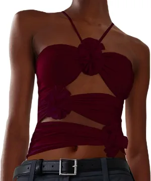 KMBANGI Floral Sexy Tank Top Women Y2k Ruffles Frill Halter Crop Tops Sleeveless Off Shoulder Backless Flower Tube Top
