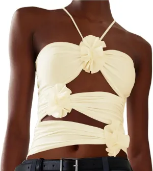 KMBANGI Floral Sexy Tank Top Women Y2k Ruffles Frill Halter Crop Tops Sleeveless Off Shoulder Backless Flower Tube Top