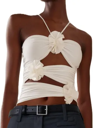 KMBANGI Floral Sexy Tank Top Women Y2k Ruffles Frill Halter Crop Tops Sleeveless Off Shoulder Backless Flower Tube Top