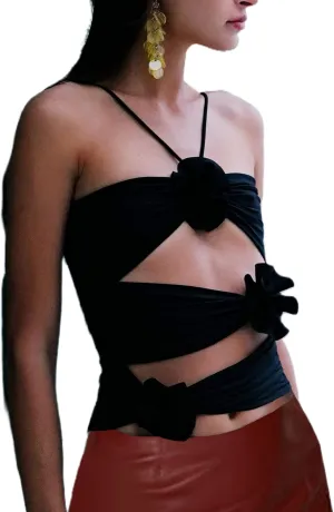 KMBANGI Floral Sexy Tank Top Women Y2k Ruffles Frill Halter Crop Tops Sleeveless Off Shoulder Backless Flower Tube Top